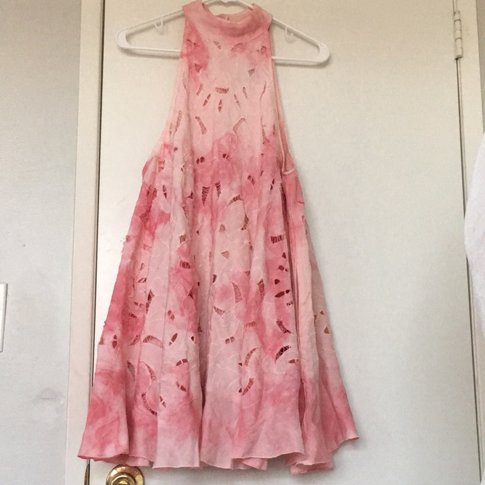 Eyelet Embroidered Tie Dye Linen Blend Halter